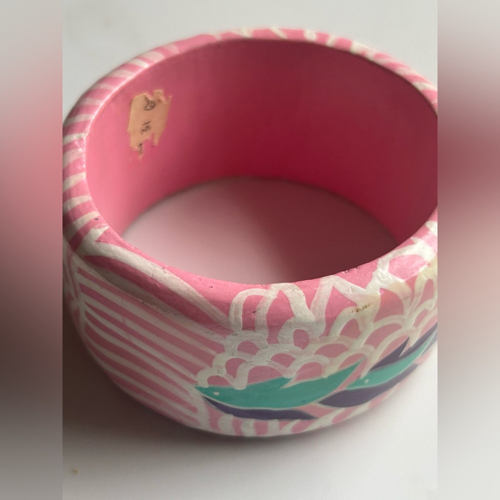 Vintage Hand Painted Wood Bangle Bracelet Pink Blue Abstract Botanical Chunky - Picture 6 of 12
